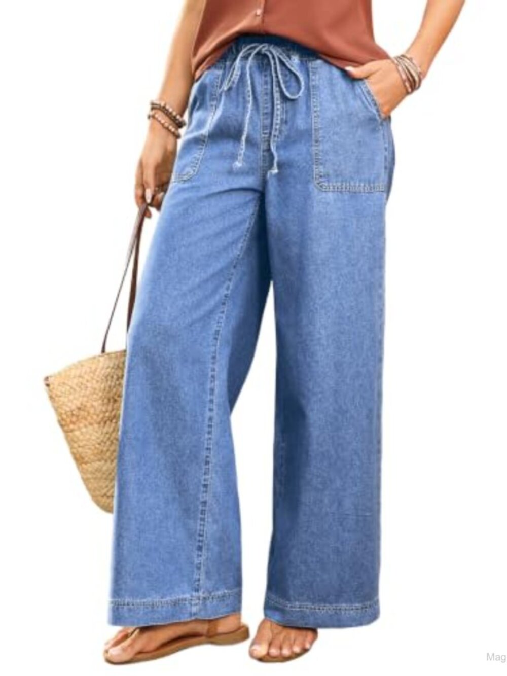 High Waisted Baggy Wide Leg Jeans Drawstring Pockets Stretchy Cotton